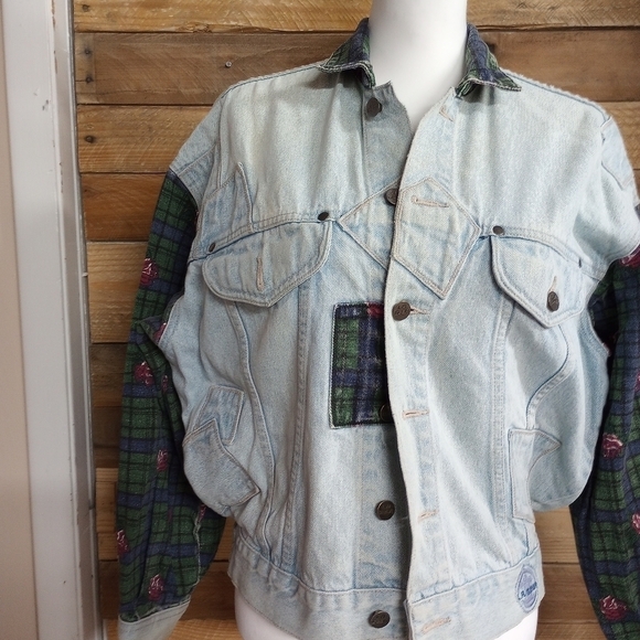 Vintage LA Gear Denim Jacket Plaid Acid Wash Boxy 90s Grunge SZ Small Oversized - Picture 3 of 10